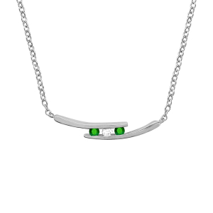 COLLIER ARGENT RHODIÉ 2 BRANCHES 2 PIERRES BLANCHES ET 1 CENTRALE VERTE SYNTHETIQUE 45+3CM