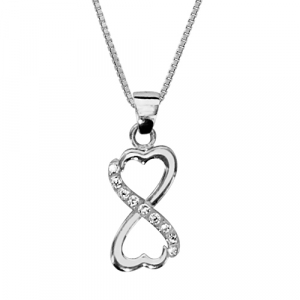 COLLIER ARGENT RHODIÉ DOUBLE COEURS STYLE INFINI PIERRES BLANCHES SYNTHETIQUE 42+3CM