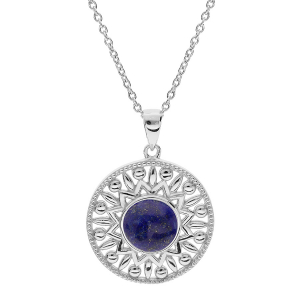 COLLIER ARGENT RHODIÉ PENDENTIF ETHNIQUE CABOCHON LAPIS LAZULI  NATURELLE 42+3CM