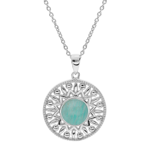 COLLIER ARGENT RHODIÉ PENDENTIF ETHNIQUE CABOCHON AMAZONITE VÉRITABLE  42+3CM