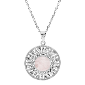 COLLIER ARGENT RHODIÉ PENDENTIF ETHNIQUE CABOCHON QUARTZ ROSE VÉRITABLE 42+3CM