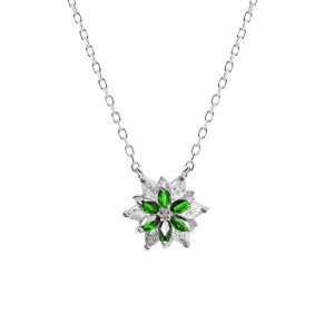 COLLIER ARGENT RHODIÉ 10MM FLEUR OXYDES BLANCS AU CENTRE ET CONTOUR OXYDES VERTS SERTIS 40+5CM