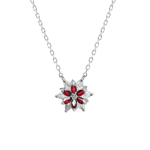 COLLIER ARGENT RHODIÉ 10MM FLEUR OXYDES BLANCS AU CENTRE ET CONTOUR OXYDES ROUGES SERTIS 40+5CM