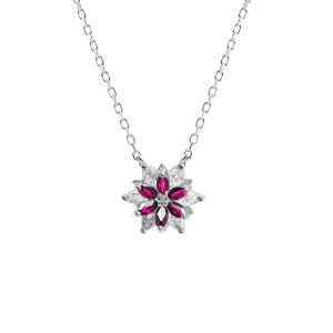 COLLIER ARGENT RHODIÉ 10MM FLEUR OXYDES BLANCS AU CENTRE ET CONTOUR OXYDES FUSHIA SERTIS 40+5CM