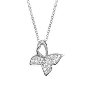 COLLIER ARGENT RHODIÉ PENDENTIF PAPILLON OXYDES BLANCS SERTIS 40+4CM