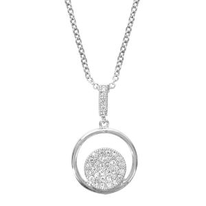 COLLIER ARGENT RHODIÉ PENDENTIF ROND AVEC PASTILLE PAVE OXYDES BLANCS SERTIS 40+4CM