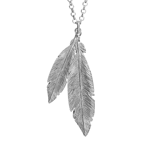 COLLIER ARGENT RHODIÉ 2 PLUMES 42+5CM