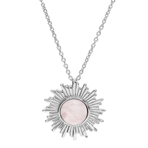 COLLIER ARGENT RHODIÉ PENDENTIF CABOCHON QUARTZ ROSE VÉRITABLE 42+3CM