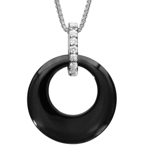 COLLIER ARGENT RHODIÉ PENDENTIF CERCLE CERAMIQUE NOIRE BARETTE OXYDES SERTIS 42+3CM