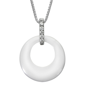COLLIER ARGENT RHODIÉ PENDENTIF CERCLE CERAMIQUE BLANCHE BARETTE OXYDES SERTIS 42+3CM