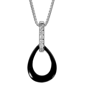 COLLIER ARGENT RHODIÉ PENDENTIF OVALE CERAMIQUE NOIRE BARETTE OXYDES SERTIS 42+3CM