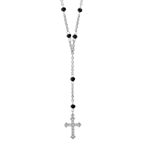 COLLIER CHAPELET ARGENT RHODIÉ CHAINETTE PIERRES NOIRES SYNTHETIQUE AVEC CROIX 45CM