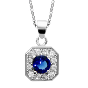 COLLIER ARGENT RHODIÉ PENDENTIF CARRÉ OXYDES SERTIS BLANCS PIERRE CENTRALE SYNTHETIQUE BLEU 42+3CM