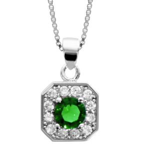 COLLIER ARGENT RHODIÉ PENDENTIF CARRÉ OXYDES SERTIS BLANCS PIERRE CENTRALE SYNTHETIQUE VERTE 42+3CM