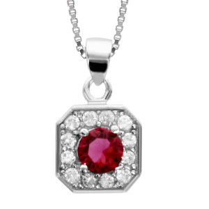 COLLIER ARGENT RHODIÉ PENDENTIF CARRÉ OXYDES SERTIS BLANCS PIERRE CENTRALE SYNTHETIQUE ROUGE 42+3CM