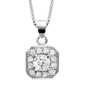 COLLIER ARGENT RHODIÉ PENDENTIF CARRÉ OXYDES SERTIS BLANCS PIERRE CENTRALE SYNTHETIQUE BLANCHES 42+3CM