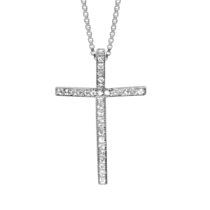 COLLIER ARGENT RHODIÉ PENDENTIF CROIX 22X15 MM OXYDES SERTIS BLANCS 42+3CM