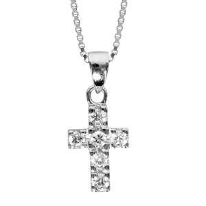 COLLIER ARGENT RHODIÉ PENDENTIF CROIX OXYDES SERTIS BLANCS 42+3CM
