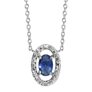 COLLIER ARGENT RHODIÉ FORME OVALE VERRE BLEU FONCE ENTOURAGE OXYDES BLANCS SERTIS 40+4CM