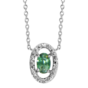 COLLIER ARGENT RHODIÉ FORME OVALE VERRE VERT ENTOURAGE OXYDES BLANCS SERTIS 40+4CM