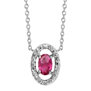 COLLIER ARGENT RHODIÉ FORME OVALE VERRE FUSHIA ENTOURAGE OXYDES BLANCS SERTIS 40+4CM