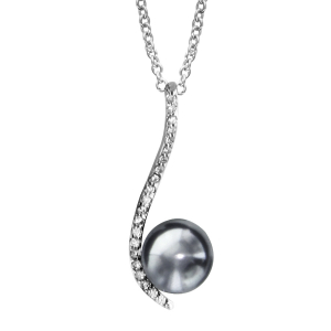 COLLIER ARGENT RHODIÉ FORME VAGUE PAVE OXYDES BLANCS SERTIS AVEC PERLE IMITATION GRISE 40+4CM