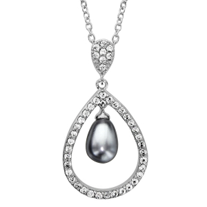 COLLIER ARGENT RHODIÉ FORME GOUTTE EVIDEE AVEC PERLE IMITATION GRISE 40+4CM