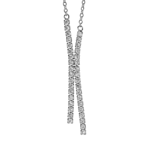COLLIER ARGENT RHODIÉ 2 TIGES PENDANTES OXYDES BLANCS SERTIS 46CM
