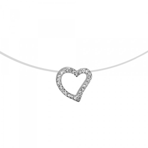 COLLIER ARGENT RHODIÉ FIL NYLON COEUR AJOURE OXYDES BLANCS 42CM