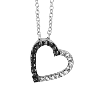 COLLIER ARGENT RHODIÉ FORME COEUR EVIDEE MOITIE OXYDES BLANCS SERTIS ET PIERRES NOIRES SYNTHETIQUE RHODIUM NOIR 40+4CM