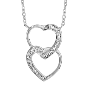 COLLIER ARGENT RHODIÉ DOUBLE COEUR SUPERPOSE OXYDES BLANCS SERTIS 40+4CM
