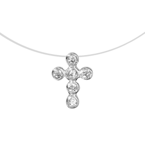 COLLIER ARGENT RHODIÉ FIL NYLON CROIX OXYDES BLANCS SERTI CLOS 42CM