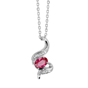 COLLIER ARGENT RHODIÉ PENDENTIF PIERRE ROUGE SYNTHETIQUE ET OXYDES BLANCS SERTIS 40+4CM