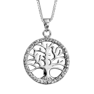 COLLIER ARGENT RHODIÉ ARBRE DE VIE OXYDES BLANCS SERTIS 42+3CM
