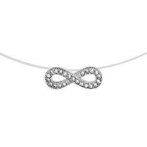 COLLIER ARGENT RHODIÉ FIL NYLON MOTIF INFINI OXYDES BLANCS SERTIS 41CM