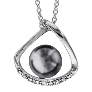 COLLIER ARGENT RHODIÉ PERLE IMITATION GRISE AVEC OXYDES BLANCS SERTIS 40+4CM