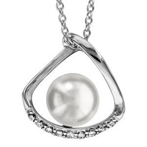COLLIER ARGENT RHODIÉ PERLE IMMITATION  BLANCHE AVEC OXYDES BLANCS SERTIS 40+4CM
