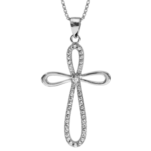 COLLIER ARGENT RHODIÉ PENDENTIF CROIX DIM 27 X 18 MM OXYDES SERTIS BLANCS  42+3CM