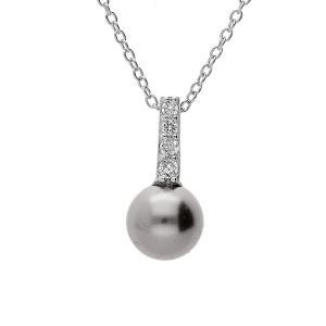 COLLIER ARGENT RHODIÉ PENDENTIF PERLE SYNTHETIQUE GRISE ET 4 OXYDES BLANCS 40+4CM