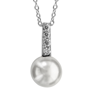 COLLIER ARGENT RHODIÉ PENDENTIF PERLE SYNTHETIQUE BLANCHE ET 4 OXYDES BLANCS 40+4CM