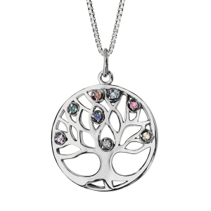 COLLIER ARGENT RHODIÉ PENDENTIF ROND ARBRE DE VIE PIERRES SYNTHETIQUE MULTI COULEURS 42+3CM