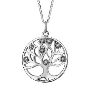 COLLIER ARGENT RHODIÉ PENDENTIF ROND ARBRE DE VIE PIERRES SYNTHETIQUE BLANCHES 42+3CM