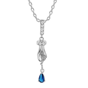 COLLIER ARGENT RHODIÉ PENDENTIF MAIN AVEC OXYDE BLEU 42+3CM