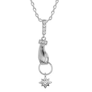 COLLIER ARGENT RHODIÉ PENDENTIF MAIN AVEC ETOILE 42+3CM