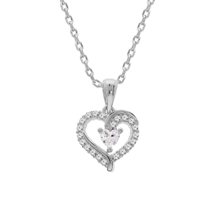 COLLIER ARGENT RHODIÉ PENDENTIF COEUR OXYDES BLANCS 42+3CM