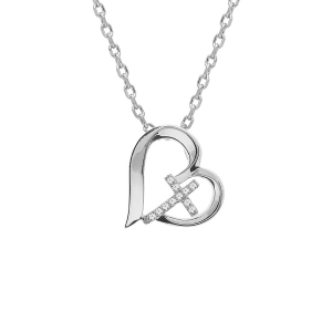 COLLIER ARGENT RHODIÉ PENDENTIF COEUR ET CROIX OXYDES BLANCS 42+3CM