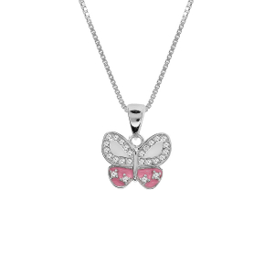 COLLIER ARGENT RHODIÉ PENDENTIF PAPILLON OXYDES BLANCSET RÉSINE ROSE 42+3CM