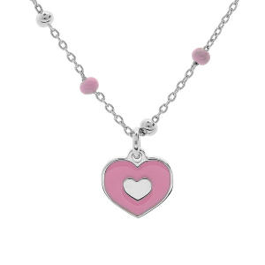 COLLIER ARGENT RHODIÉ PAMPILLE COEUR RÉSINE ROSE 38+3CM