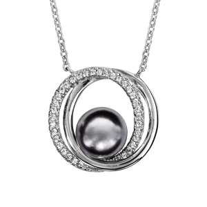 COLLIER ARGENT RHODIÉ DOUBLE CERCLE AVEC PERLE SYNTHETIQUE GRISE 40+4CM