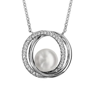 COLLIER ARGENT RHODIÉ DOUBLE CERCLE AVEC PERLE IMITATION BLANCHE 40+4CM